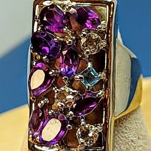 Natural Amethyst,  Aquamarine & Swiss Blue‎ Topaz 925 Sterling Silver Ring 7.5
